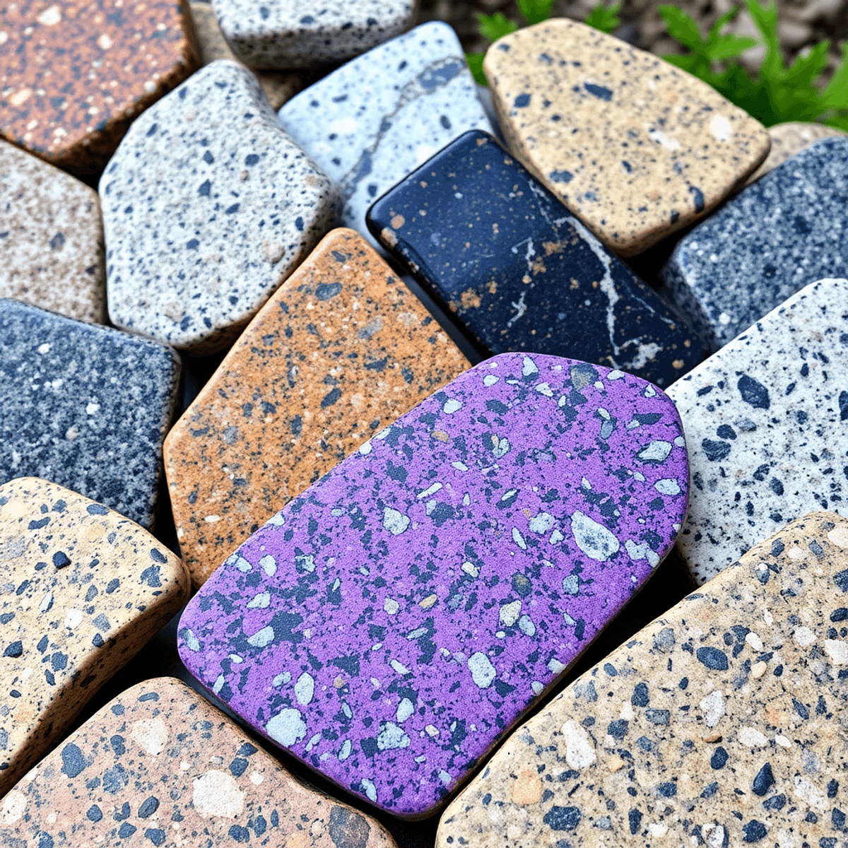 A colorful arrangement of granite samples showcasing diverse textures and mineral patterns, set against a natural background to highlight their aesthetic beauty.