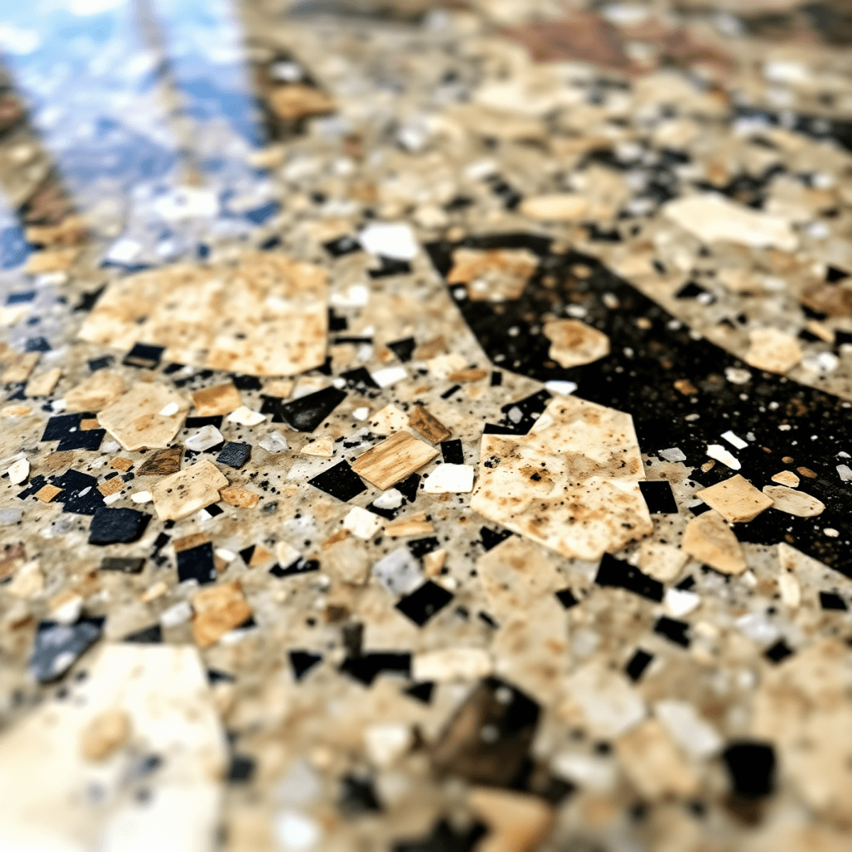 Close-up of a polished granite surface displaying a rich array of colors and textures, highlighting its natural beauty and geological significance.