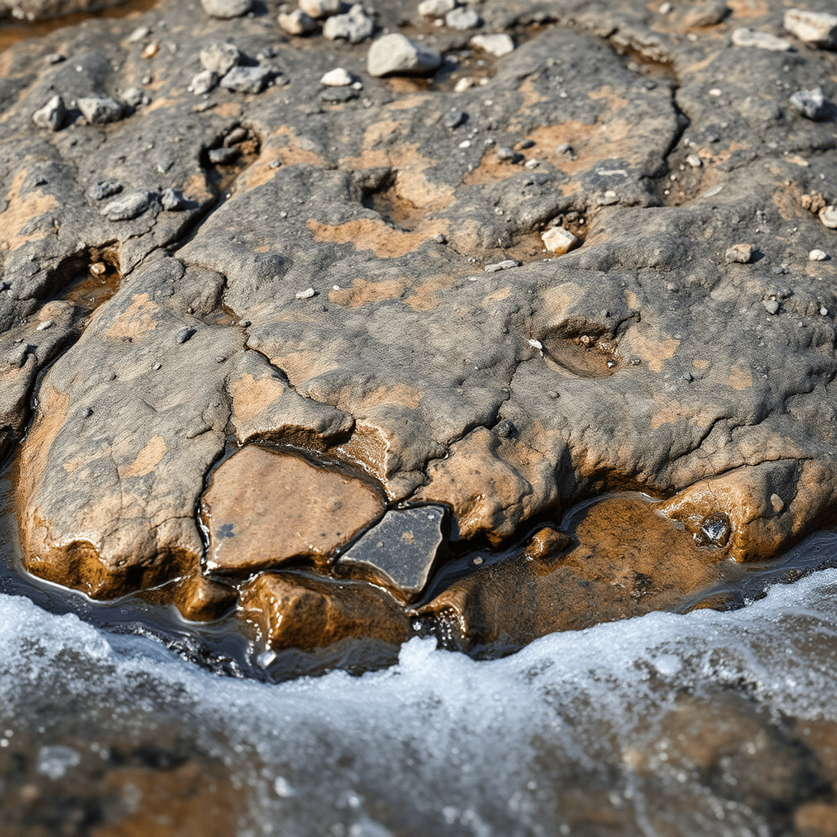 Close-up of textured granite rock with visible mineral alterations, surrounded by flowing water, illustrating hydrothermal processes in a vibrant natural landscape.