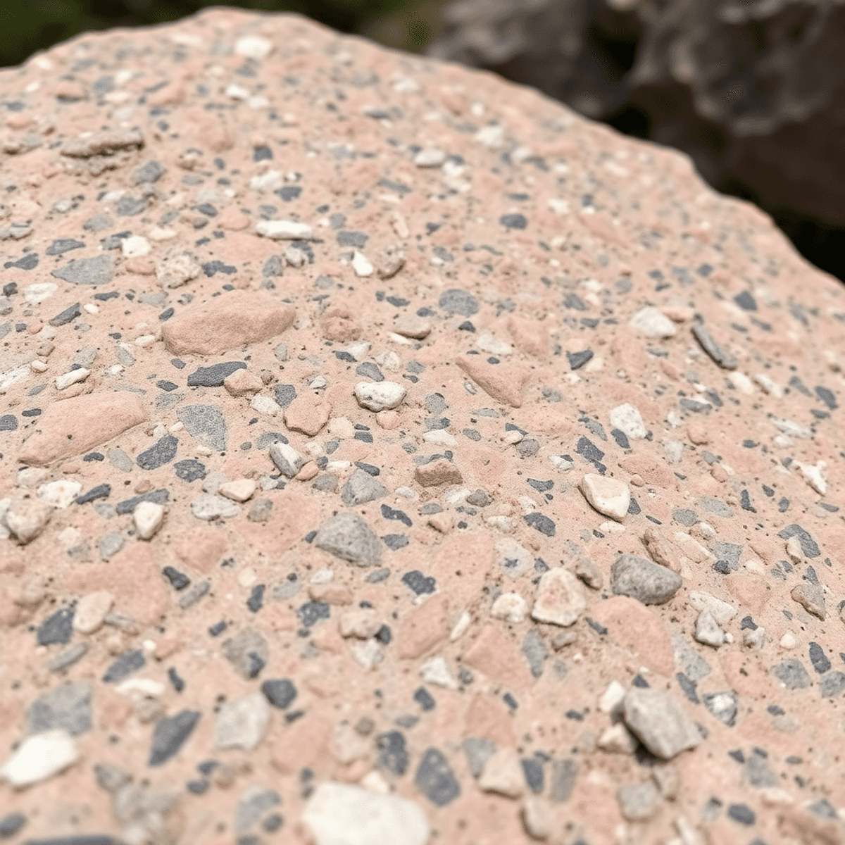 Close-up of a coarse-grained granite rock surface displaying pink and gray color variations, set against a natural outdoor backdrop.